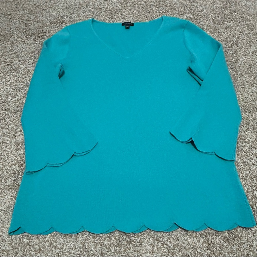 Talbots Blouse Teal V-Neck Scallop Hem Top